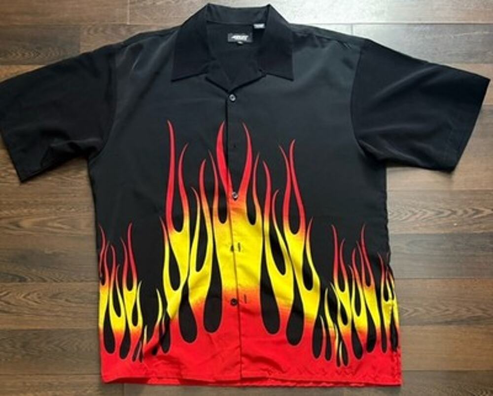 Amplify Vintage Y2K Flame Graphic Button Up Shirt Black Red XL